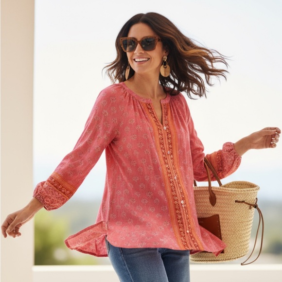 J. Jill Tops - J. Jill Orange Pink Paisley long sleeved peasant top Blouse Boho Medium Petite